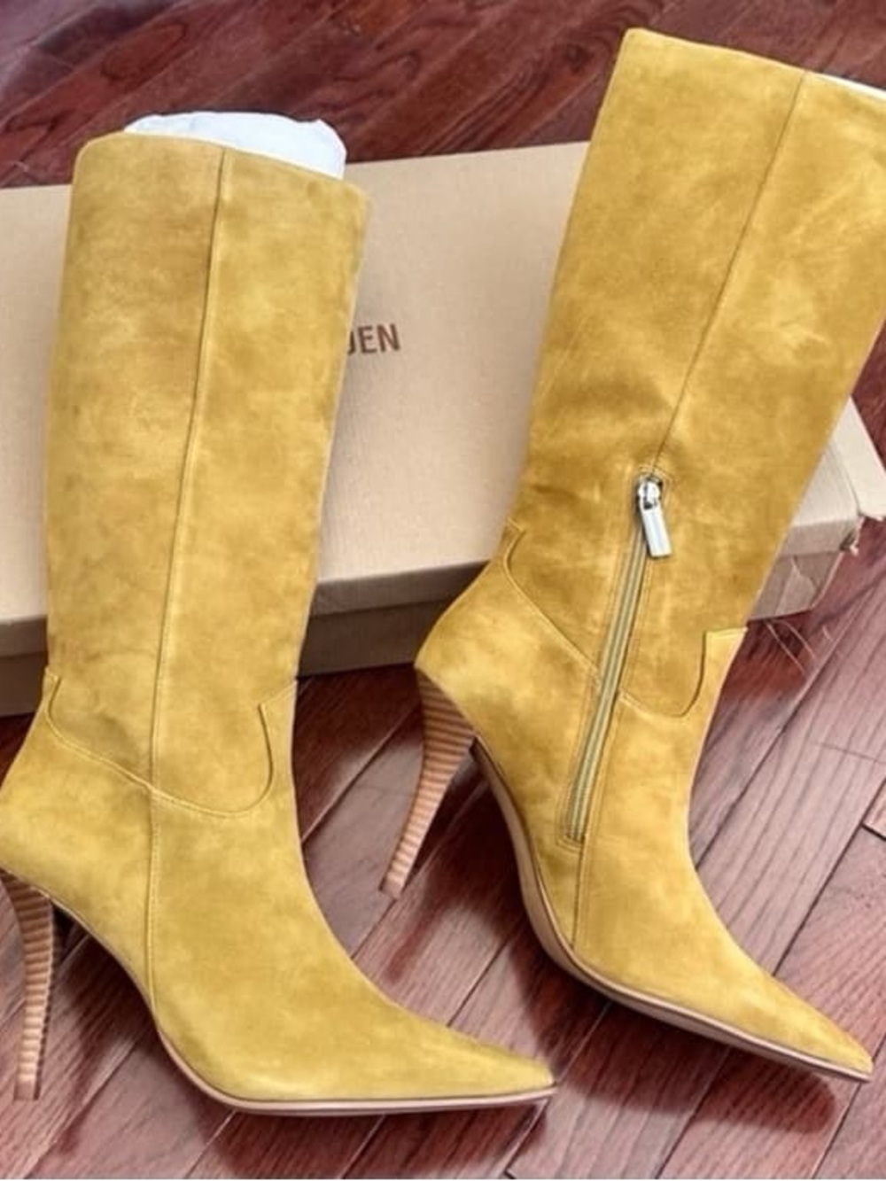 Steve Madden Mustard Yellow Pointed-Toe Mid-Calf Suede Heeled Boots